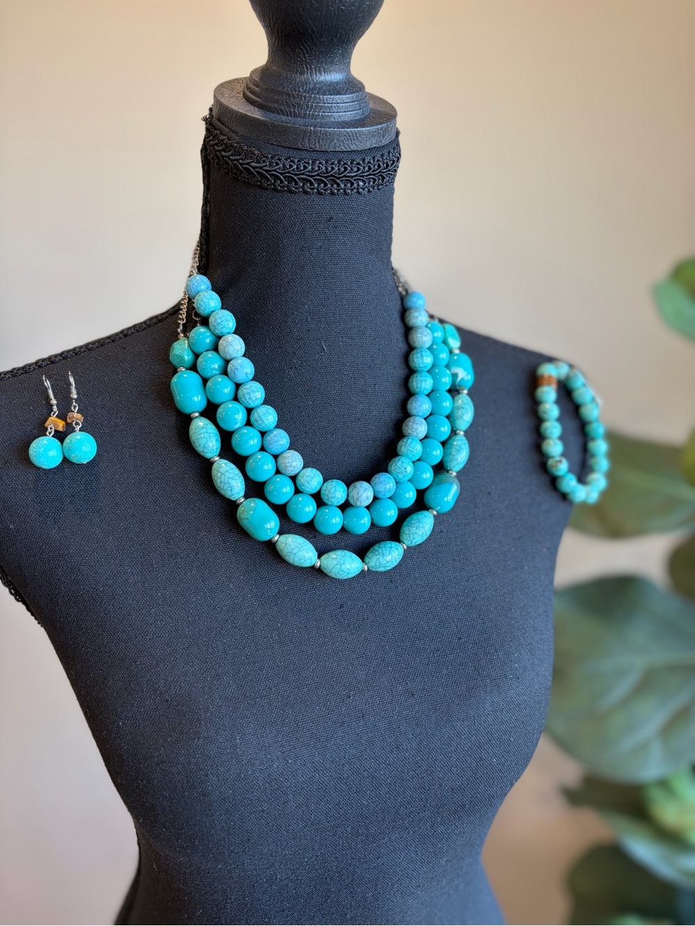 Turquoise Beaded 3-Strand Statement Necklace with Matching Bracelet & Earrings